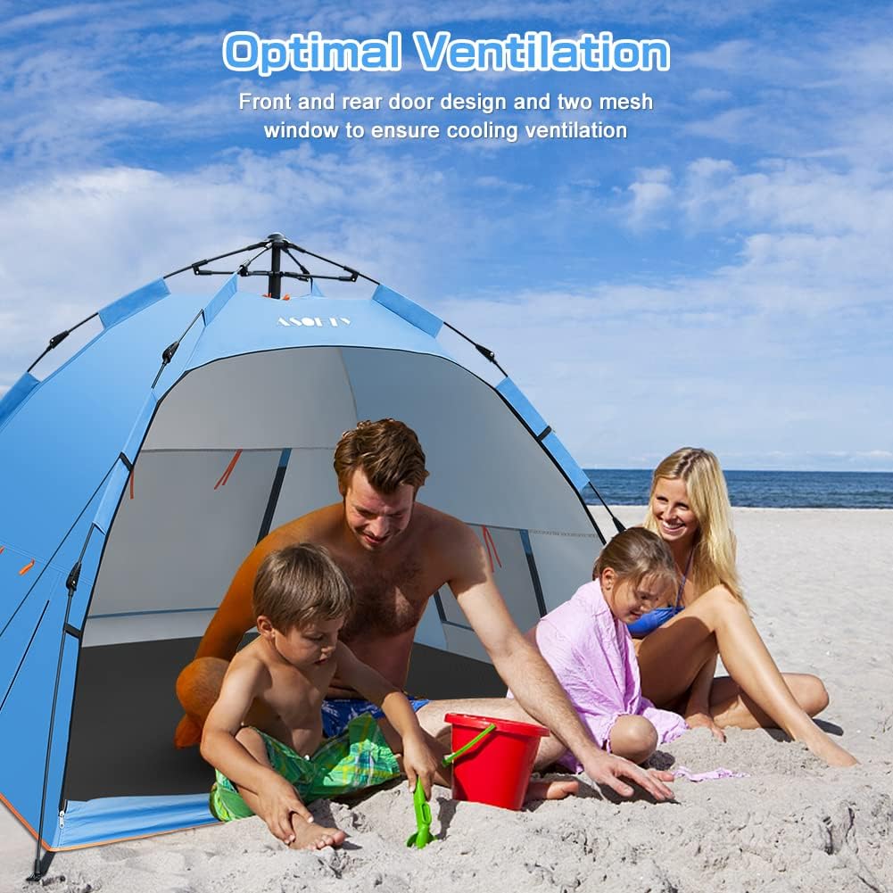 Family enjoying the shade inside the tent on a beach, highlighting optimal ventilation.