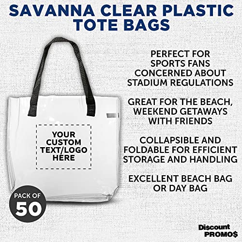 DISCOUNT PROMOS Custom Savanna Clear Plastic Tote Bags Set of 50, Personalized Bulk Pack - Perfect for Employees, Students, And For Everyday Use - Clear3