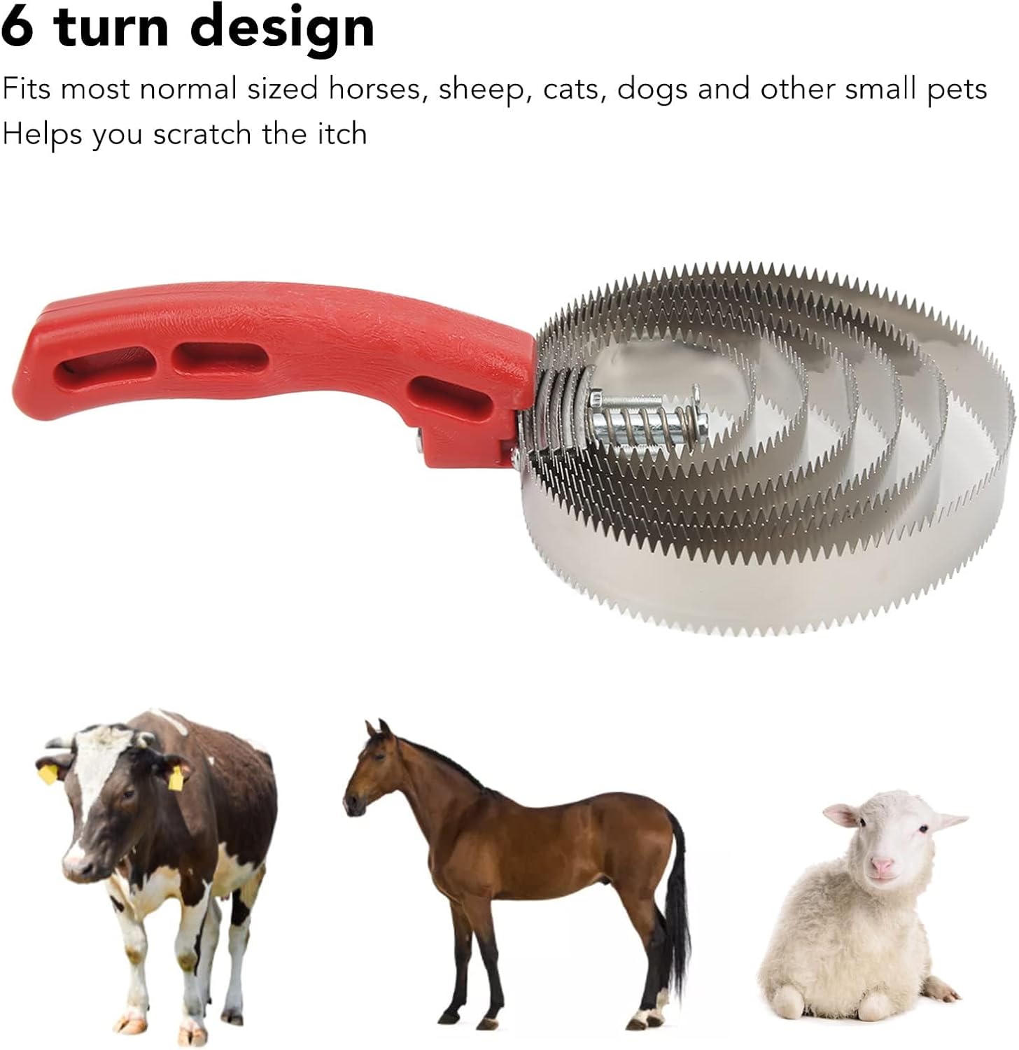 HERCHR Horse Grooming Brush, 6 Rings Reversible Stainless Steel Curry Comb with Comfortable Touch Grip, Livestock Hair Scraper Shedding Supplies for Horse Cow Sheep Dog Donkey Cattle