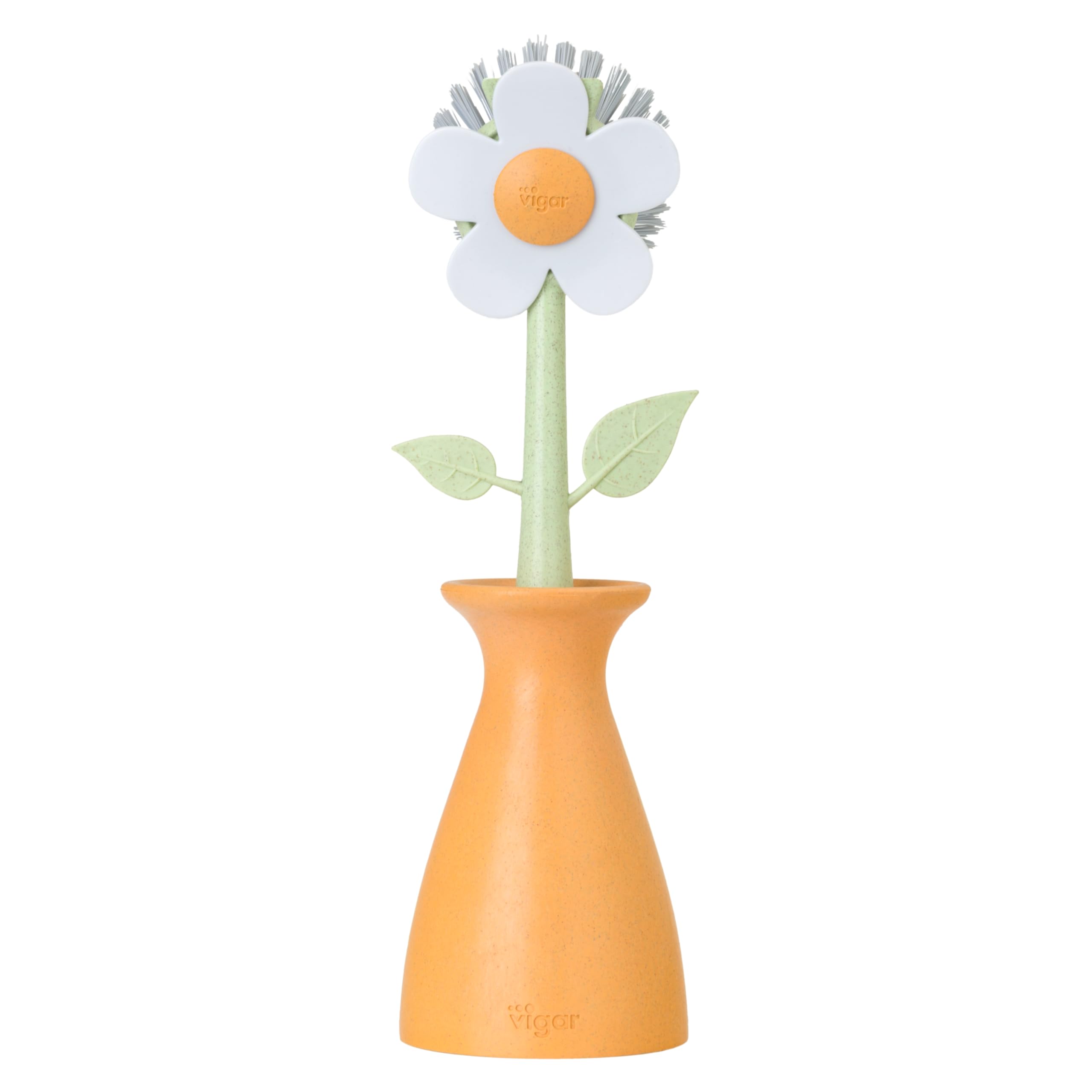 Florganic Dish Brush with Vase, Eco-Friendly, Daisy-Shaped Dish Brush and Holder, Orange