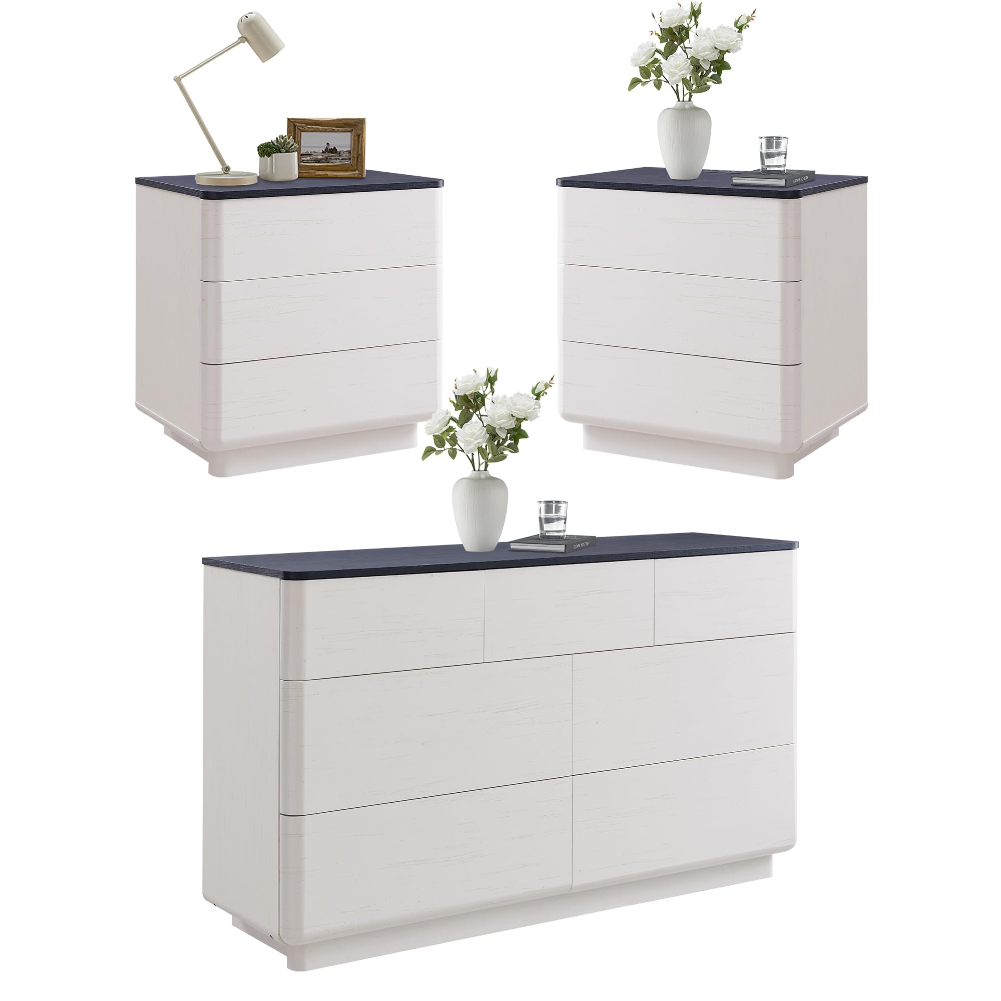 ACCOHOHO 7-Drawer Dresser and Nightstand Set in Off White, showcasing the modern design and curved edges.