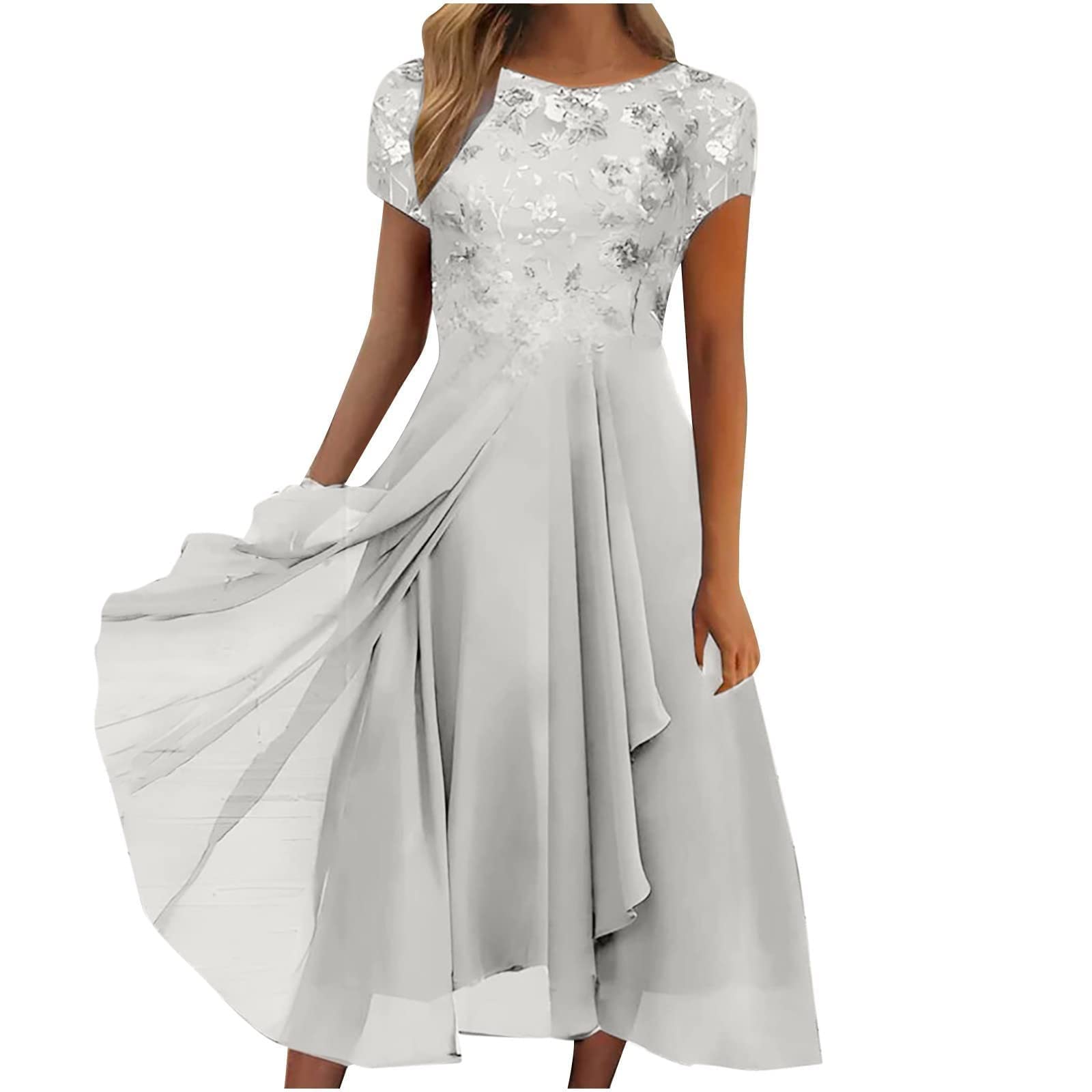 CAOQAO Mangas largas, informales, de moda estampadas de gasa para mujer Vestido para invitados de boda