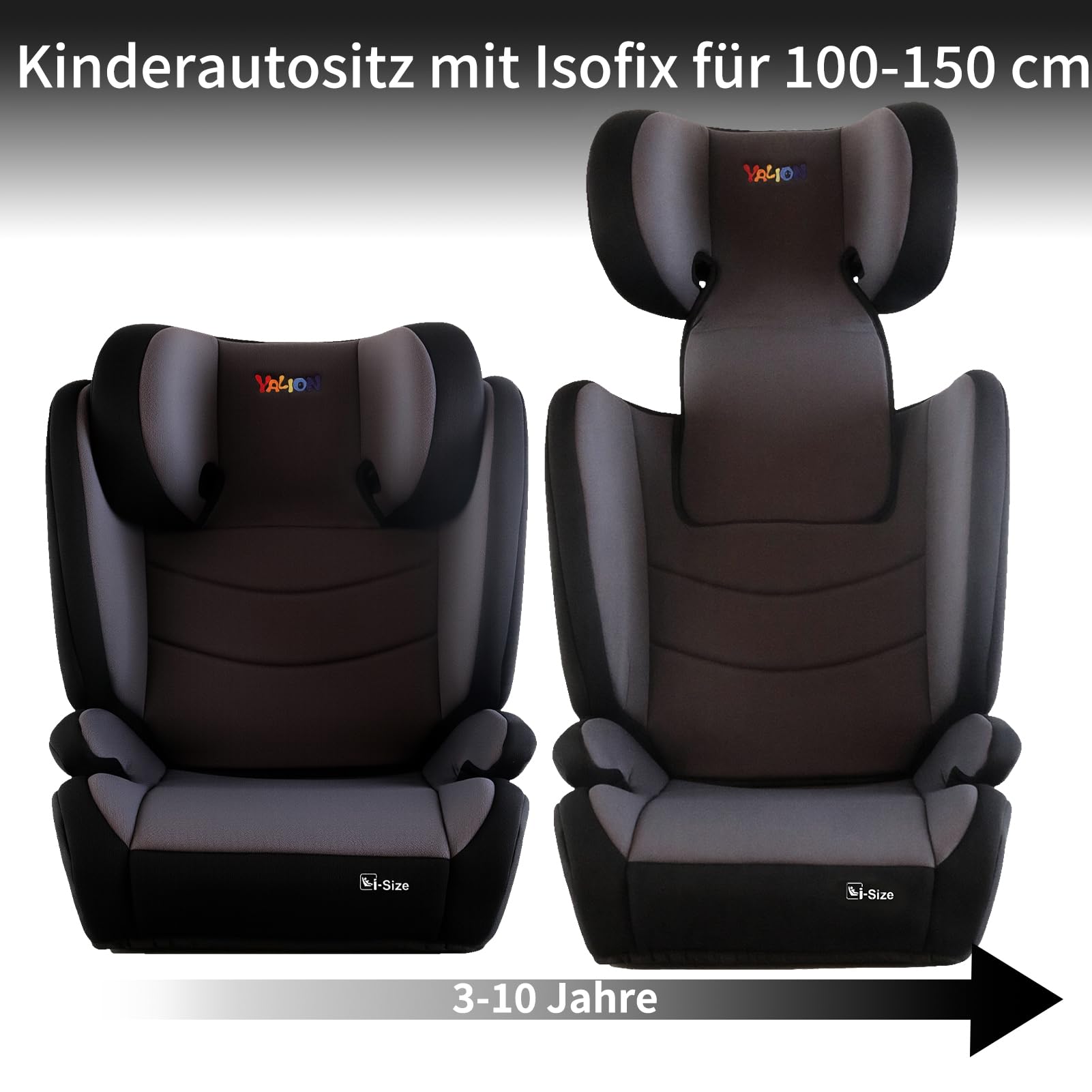 YALION I-SIZE Kindersitz 15-36kg,Kinderautositz mit Isofix, Grey | Kindersitzerhöhung 100-150cm,3-10 Jahre, Gruppe 2/3, Verstellbar & Seitenschutz