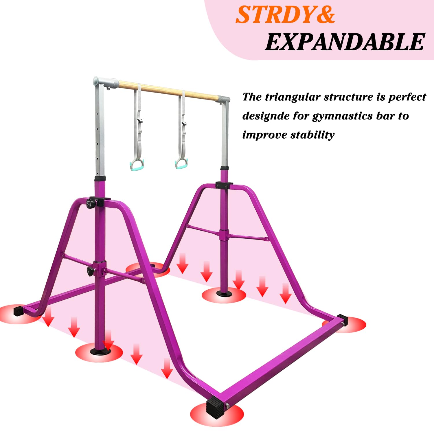 Foldable & Moveable Gymnastics Horizontal Bar with Rings,3’to 5’Adjustable Height Expandable Junior Kip Bar for Home,Indoor Gym Equipment for Kids 6 Foldable & Moveable Gymnastics Horizontal Bar with Rings,3’to 5’Adjustable Height Expandable Junior Kip Bar for Home,Indoor Gym Equipment for Kids - Image 4