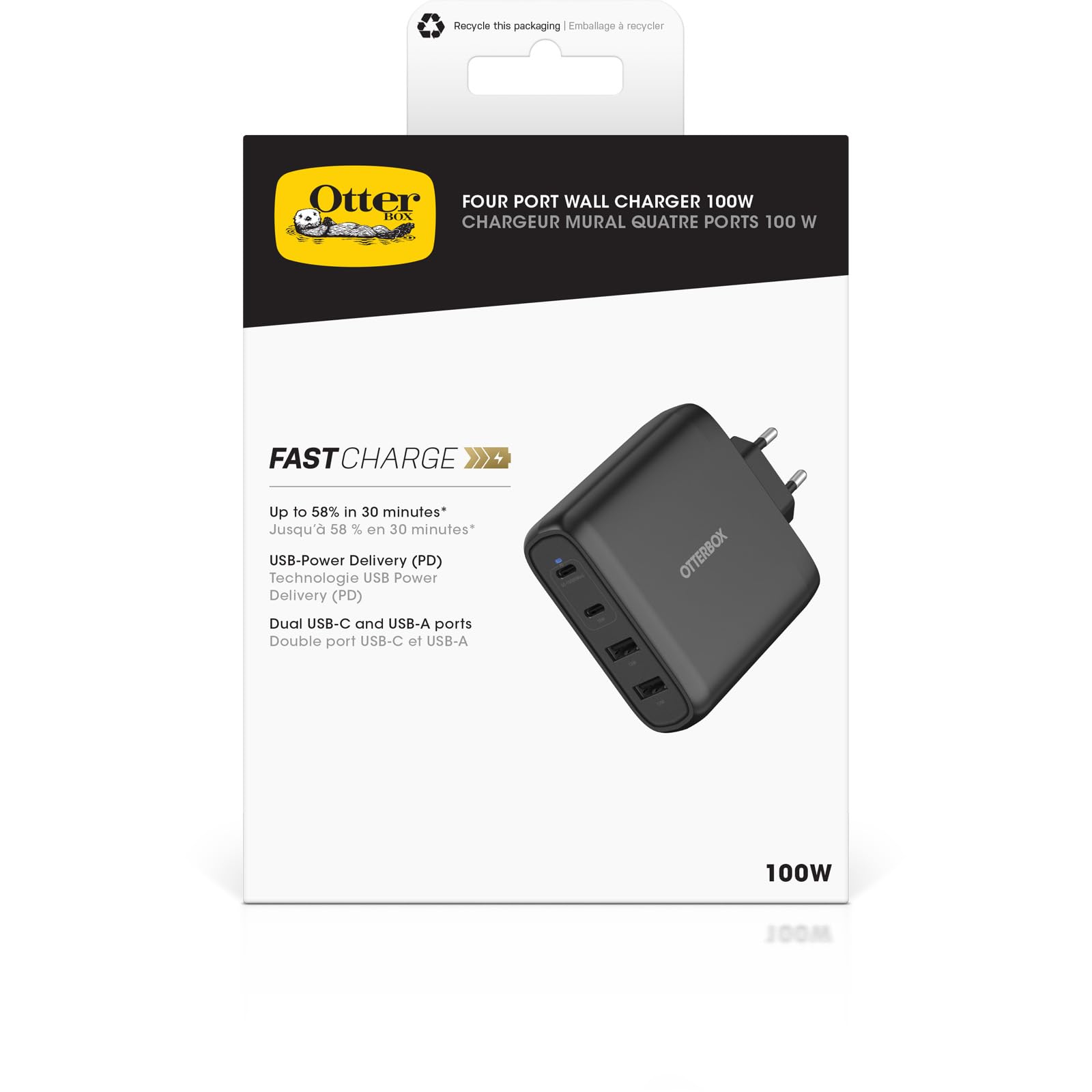 Otterbox Standard EU 100W USB-C PD GAN Cargador Pared 4 Ports, Negro | X2 USB-C PD Ports + x2 USB-A Ports, Cargador de carga rápida para Smartphones y Tablets, anticaídas
