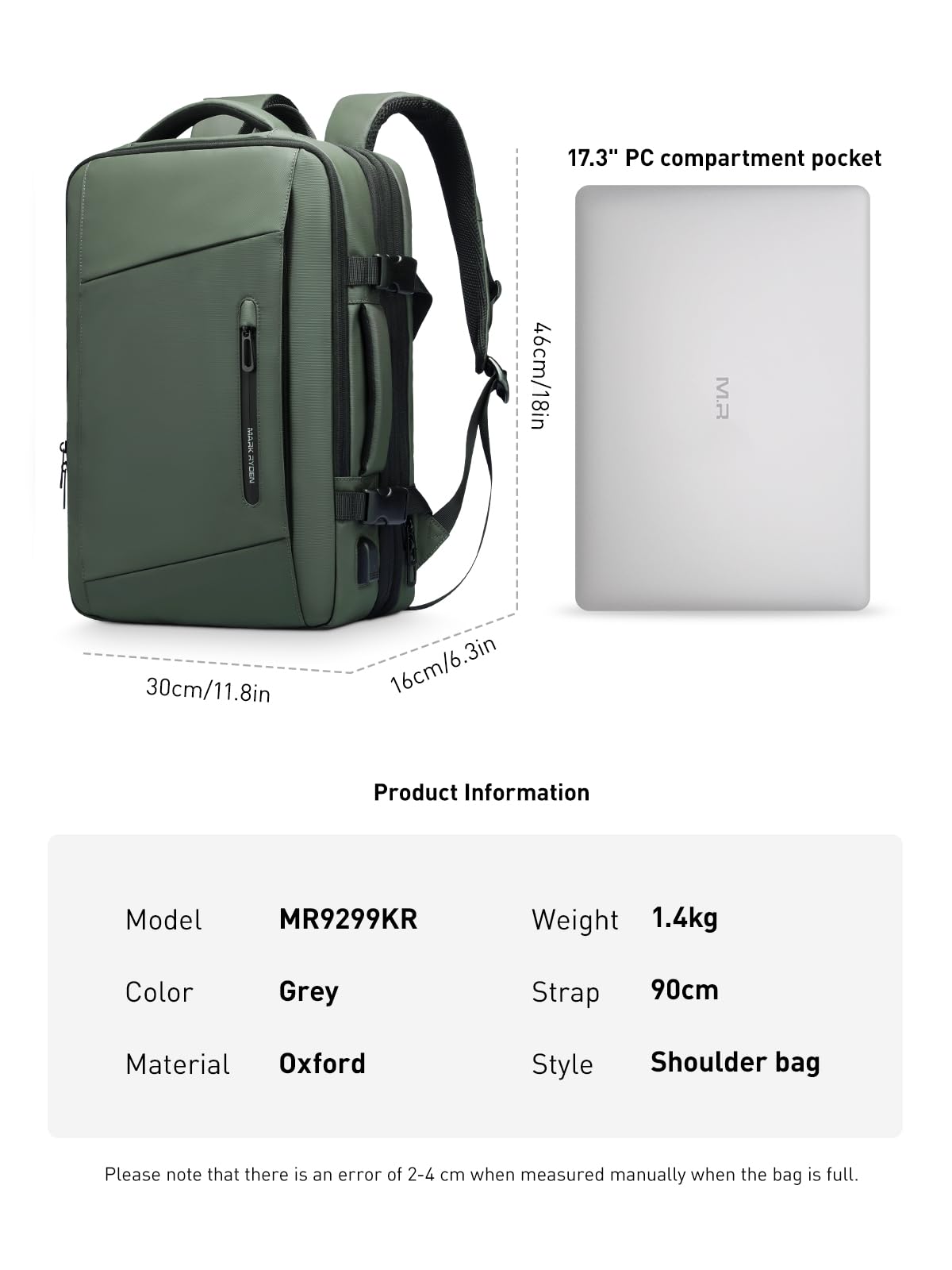 Mark Ryden Plecak na laptopa, rozszerzalny plecak podróżny 26L-38L, rozmiar kabinowy, plecak biznesowy, męski z portem ładowania USB, pasuje do laptopa 17,3 - zielony