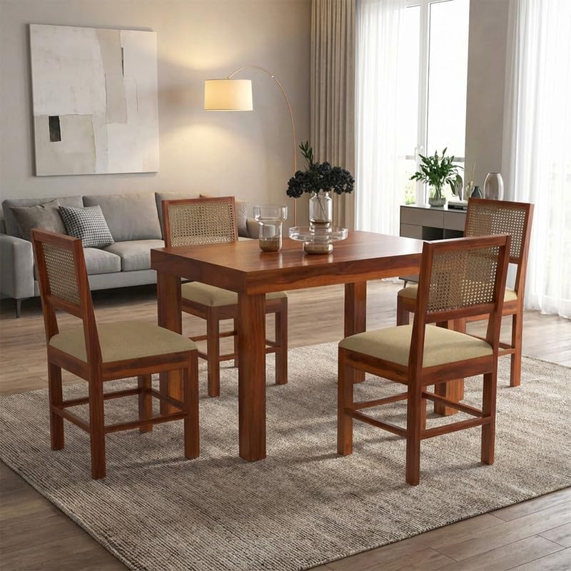 Image of Furniture Solid Sheesham Wood 4 Seater Dining Table Set with Cushioned Chairs | Wooden Four Seater Dinner Table Set for Living Room, Kitchen, Dining Area and Home (Honey Finish)