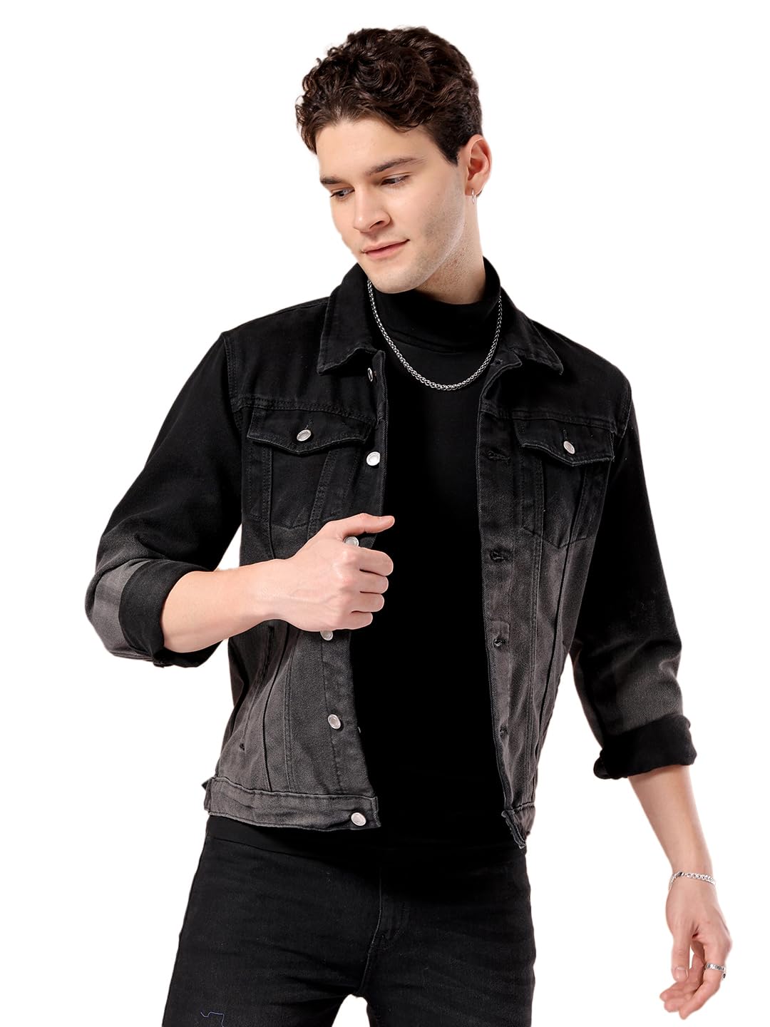 the indian garage co Men Black Slim Fit Solid Denim Jacket (Black_L)-picture-16