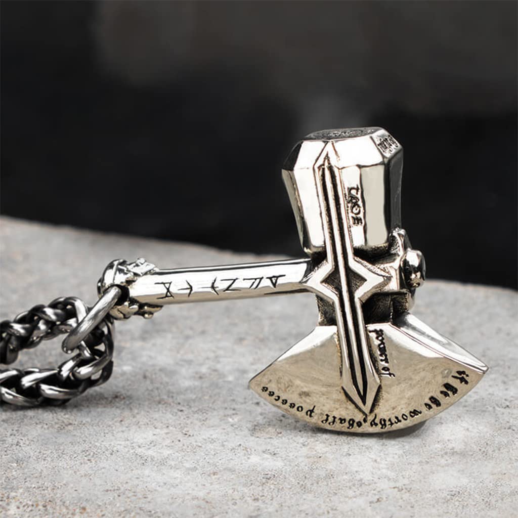 Nordische Wikinger-Halskette Odin Thors Hammeraxt Sturmtalisman-Anhänger-Halskette Wikinger-Amulett-Anhänger-Halskette Nordischer Wikinger-Schmuck für Männer mit Geschenkbox,Silber