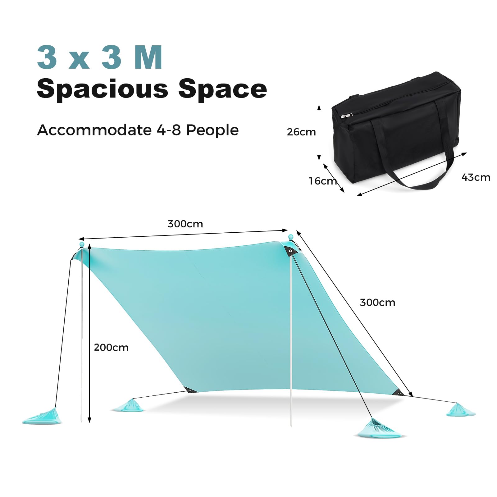 HOMASIS Tende da Spiaggia Parasole, Tenda Portatile con Ancoraggio per la Sabbia e 4 Sacche di Sabbia, Baldacchino da Spiaggia con Borsa per il Trasporto (Verde, 300 x 300 x 200 cm)