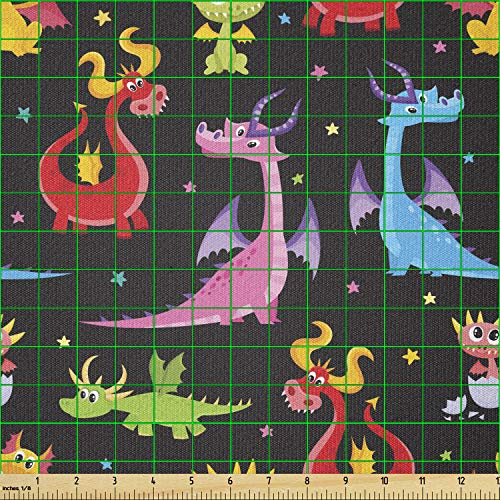 Image of Ambesonne Dragon Fabric by The Yard, Different Kinds of Colorful Comic Dragons on a Black Background with Little Stars, Stretch Knit Fabric for Clothing Sewing and Arts Crafts, 3 Yards, Pink Aqua