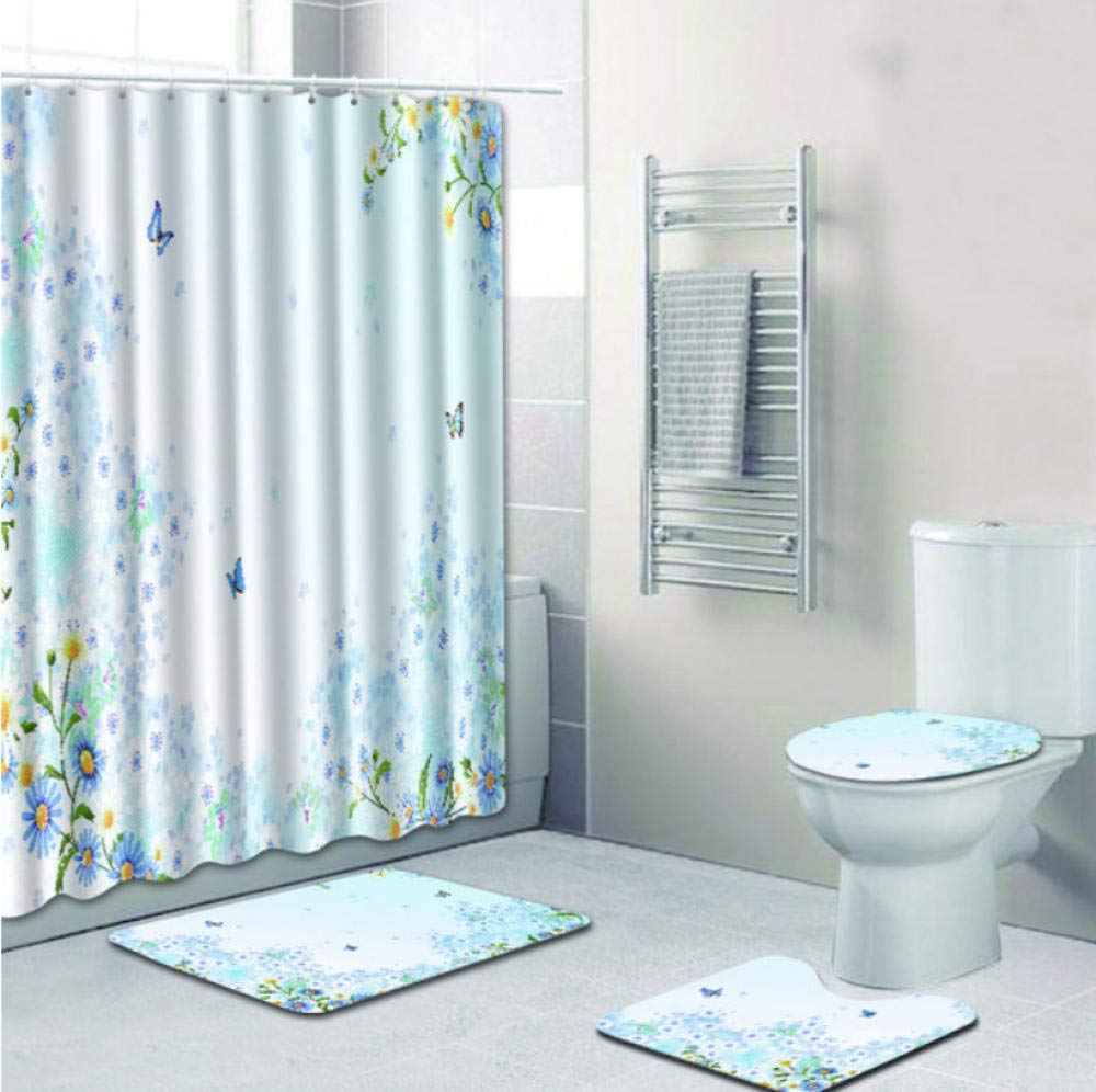 DHYWGS Light blue flower print Bathroom curtain Bathroom decoration carpet Toilet mat toilet Three-piece gift waterproof-180cm+45cm*75cmd