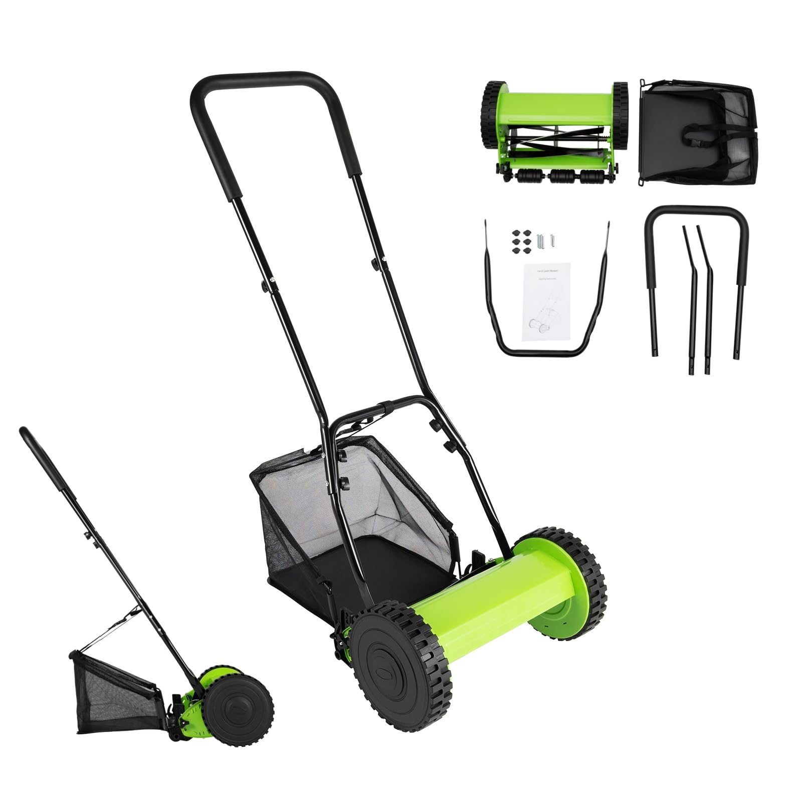 Handrasenmäher Spindelmäher manuell mit 23L Fangkorb, 30cm Schnittbreite, Höhenverstellung 12-45mm, leiser Rasenmäher ohne Motor, für Garten, Gehweg, einfach zu bedienen, ideal für kleine Flächen