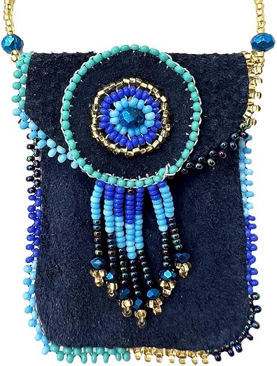 Mia Jewel Shop Authentic Leather Suede Medicine Pouch Seed Bead Fringe Dangle Necklace - Womens Fashion Handmade Bags Boho Travel Accessories