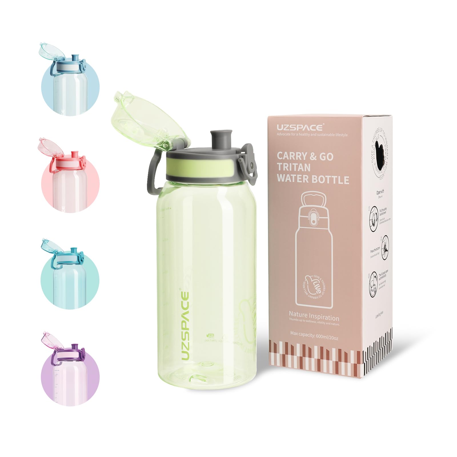 UZSPACE Water Bottle Kids with Handle - BPA Free Drinking Bottles for Adults - Clear Water Bottle 600ml with Capacity Scale - Leakproof Gym Bottles - Ideal for School or Sports & Outdoors Key Lime — image 1