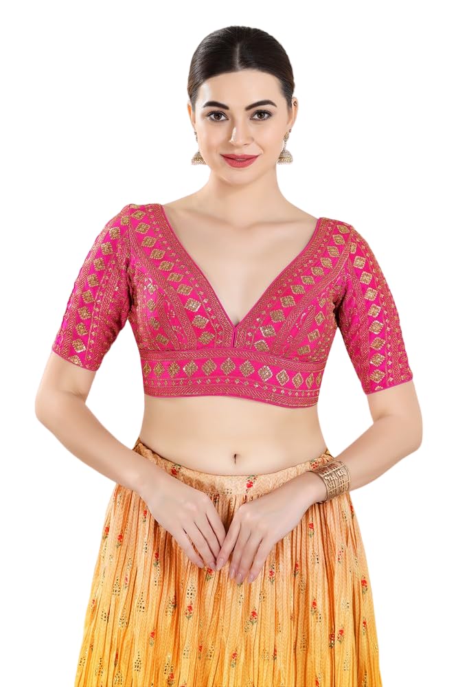 Vamas Women's Silk Padded Self Design Half Sleeve Readymade Saree Blouse (VFJKP-28.ELB)