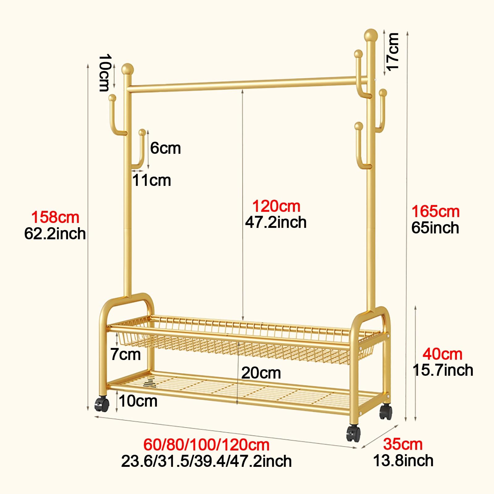 Colgador - Appendiabiti in metallo robusto con supporto per scarpe, per camicie e pantaloni, finitura dorata, 80 x 165 x 35 cm, soluzione elegante e funzionale
