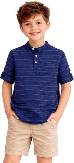 Ritsila Boys' Blue Striped Henley Shirt, Mandarin Collar, Roll-Up Sleeves, Chest Pocket, Casual Wear