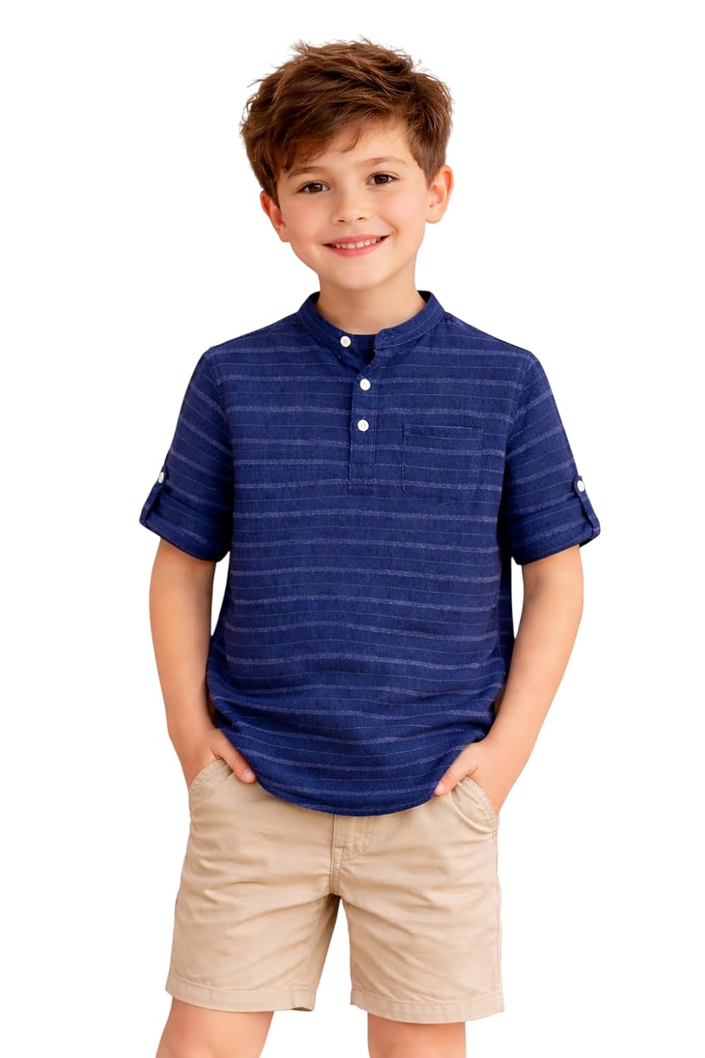 Ritsila Boys' Blue Striped Henley Shirt, Mandarin Collar, Roll-Up Sleeves, Chest Pocket, Casual Wear - Review, Price and Buying Guide