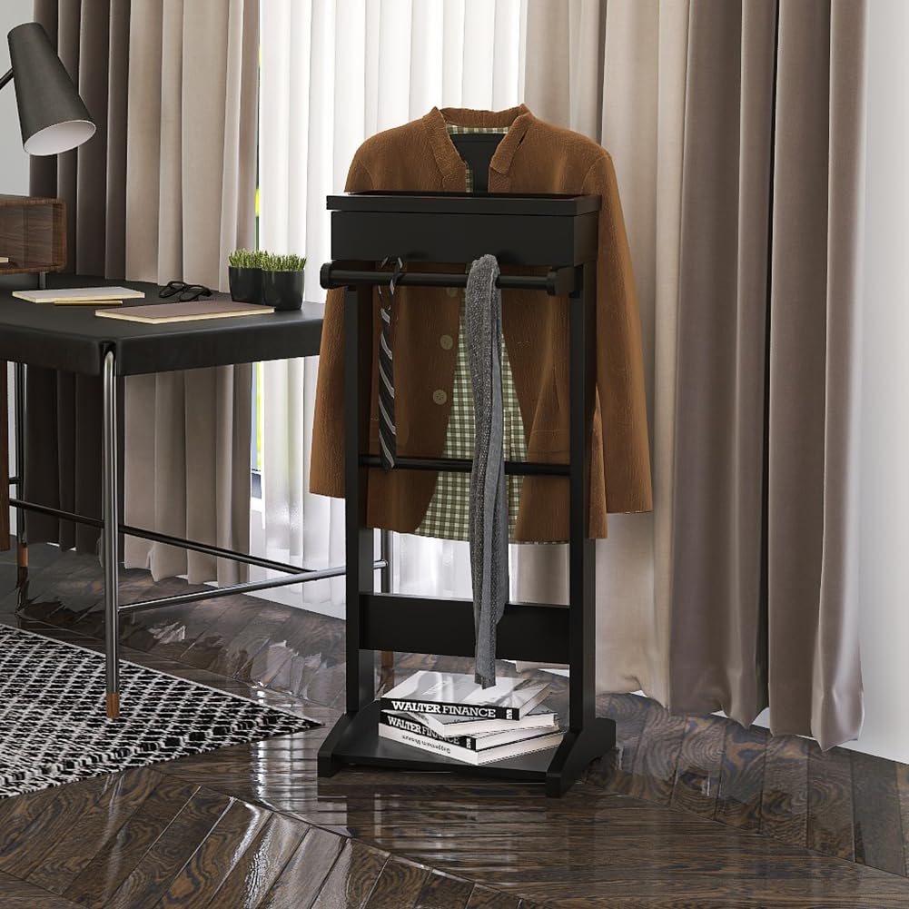 RELAHOGAR Wooden Valet Stand for Men, Clothing Rack with Top Tray Organizer, Shoe Shelf for Entryway, Bedroom, Office
