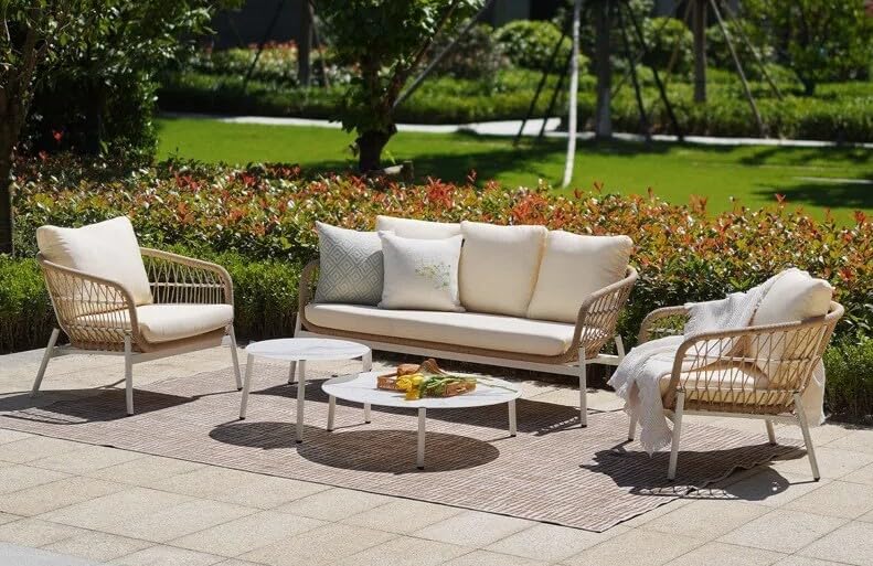 Patio Furniture Set, 5-Piece Outside Bistro Set Handwoven Chairs with Waterproof Cushions, Outdoor Conversation Set for Porch Braid & Rope Garden 4 Seater Sofa Set with Center Table (Beige & White)-image-41
