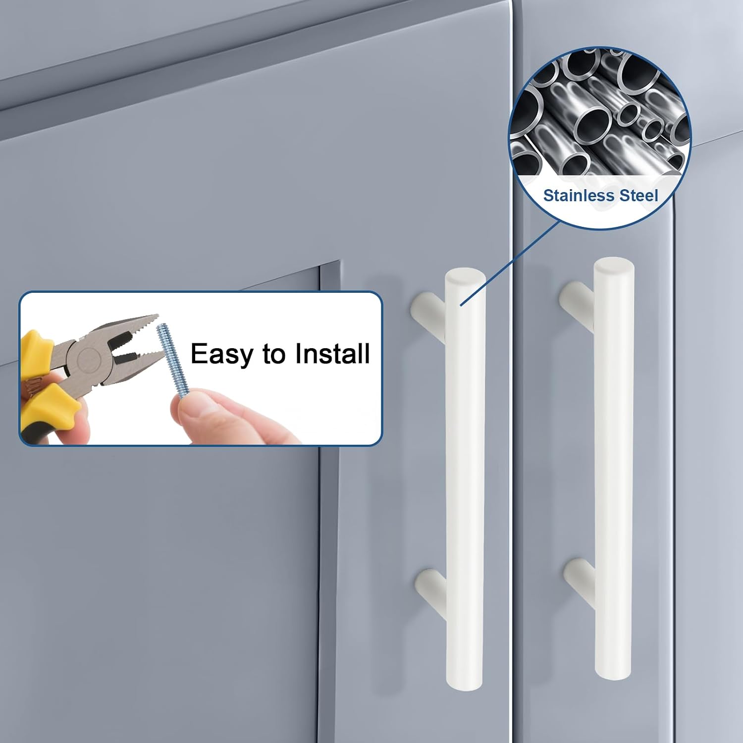 Knobonly 30 Pack 3-3/4 Inch Hole Center White Cabinet Pulls, Kitchen Cabinet Handles, Stainless Steel Modern Cabinet Hardware
