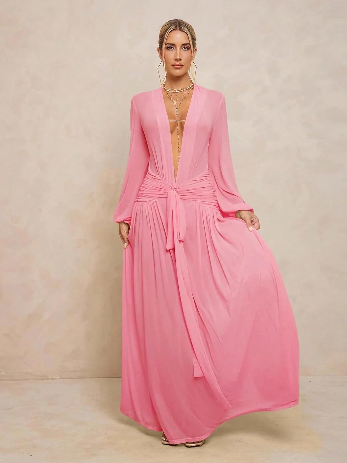 Women Knit Sweater Dress Long Dress with Leggings,Sheer V-Neck,Puff Sleeves