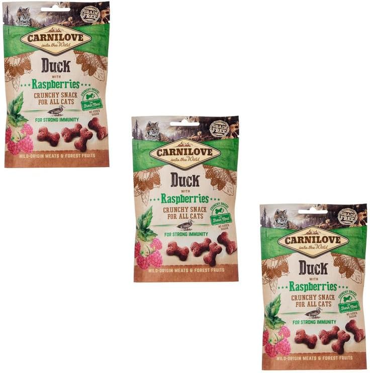 Carnilove Knuspriger Snack Ente mit Himbeeren, 3er Pack, 3 x 50 g, Leckerbissen für Katzen, Ente und Himbeere, ohne Zuckerzusatz, exotischer Fleischgeschmack Carnilove Knuspriger Snack Ente mit Himbeeren, 3er Pack, 3 x 50 g, Leckerbissen für Katzen, Ente und Himbeere, ohne Zuckerzusatz, exotischer Fleischgeschmack