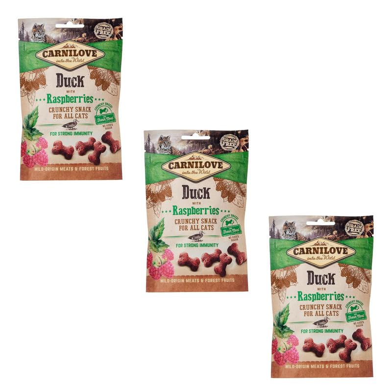 CARNILOVE Crunchy Snack Duck with Rasberries, 3 sztuki w opakowaniu, 3 x 50 g, smakołyki dla kotów, kaczki i maliny, bez dodatku cukru, egzotyczny smak mięsa