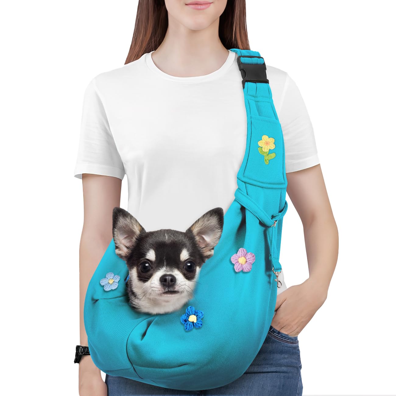Pawaboo Dog Sling Carrier for Small Dogs, Reversible Hand Free Dog Carrier Sling with Adjustable Strap Buckle & Safety Leash, Soft Pouch and Tote, for Small Dogs/Cats, Up to 12lbs, Flowers + Blue โ image 1