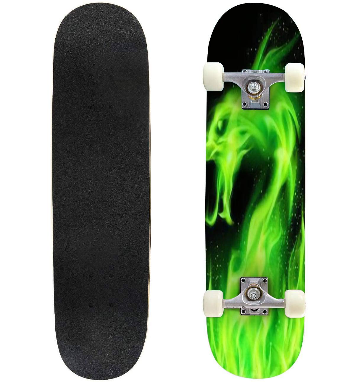 Fire Head of Dragon in Green on Black Background Skateboard 31