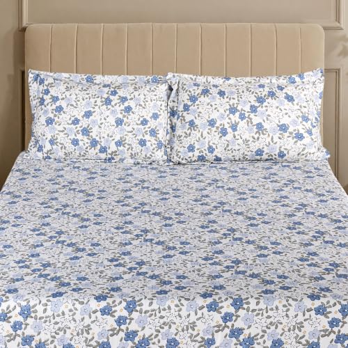 Image of Home Elegance from House of Mytrident | Linen Feel Bed Sheet for Double Bed King Size with Two Pillow Covers | Ultrasoft | Floral 274cm x 250cm | myTrident - Zest Blue