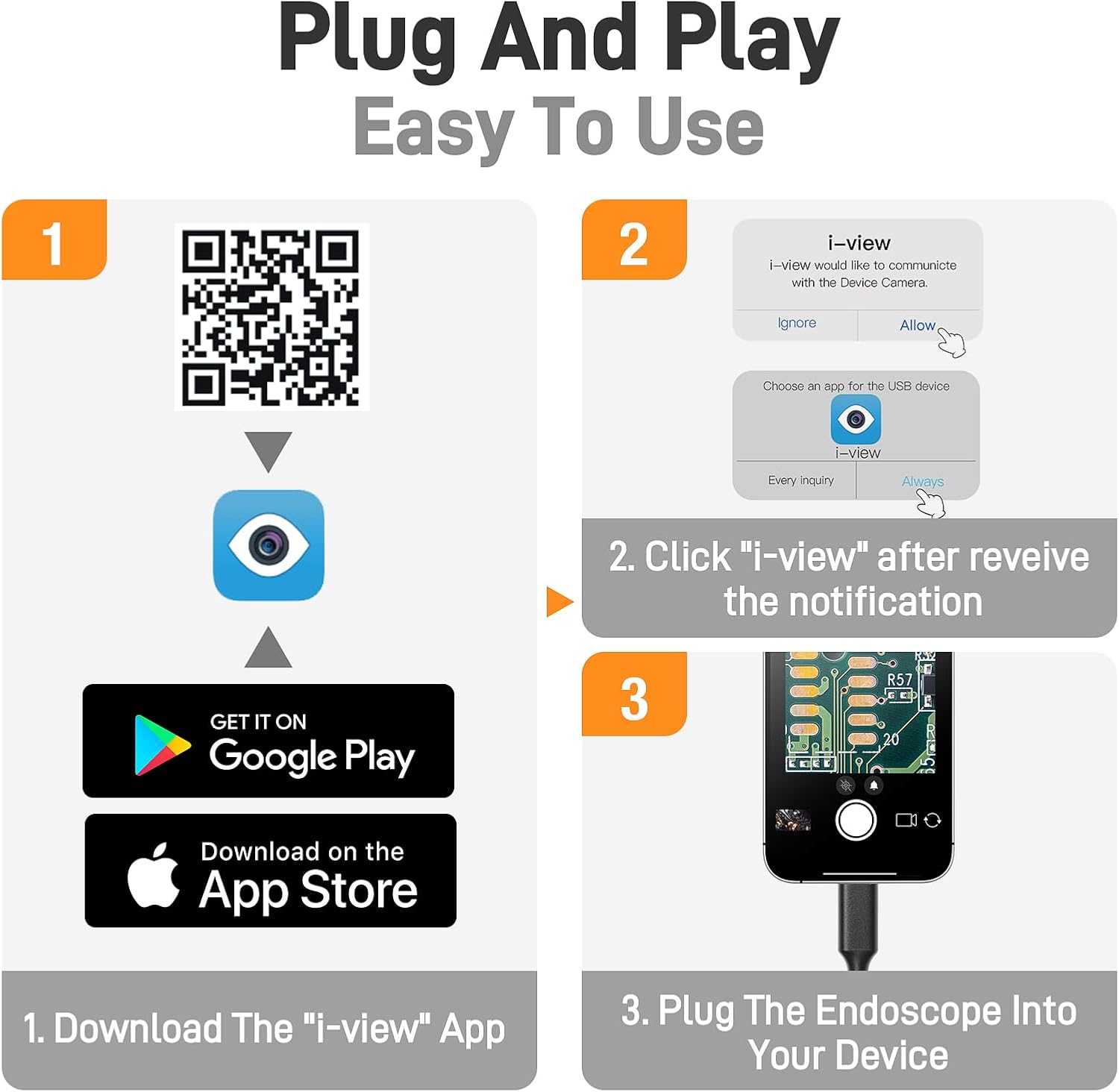 Instructions for downloading the 'i-view' app, showing a QR code, Google Play and App Store icons, and connection steps.
