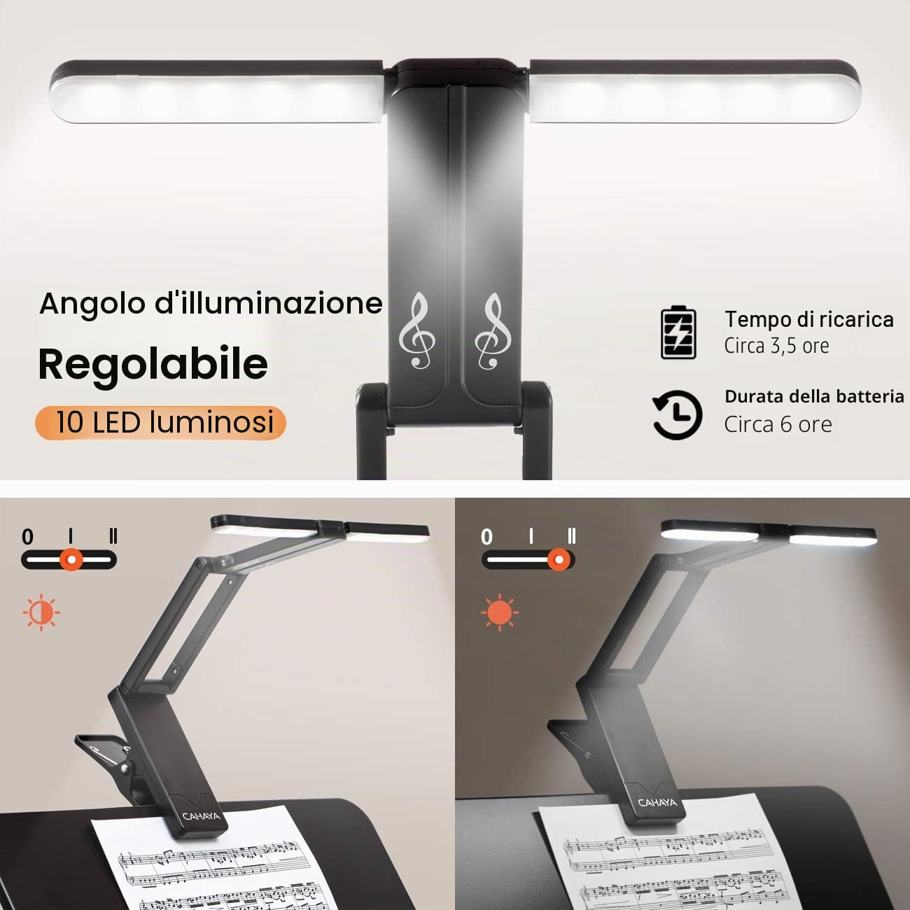 CAHAYA Lampada LED per Leggio Clip-On Ricaricabile Luce per Leggio Musicale con Pinza 10 LED Luminoso Luce Pieghevole Senza Filo Portabile 2 Modalità Dura 6 Ore Modello CY0240