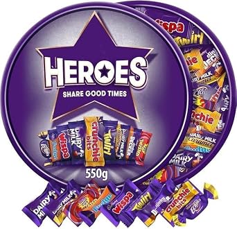 4 x Heroes Chocolate Tub 475g Assorted Individually Wrapped Milk Chocolate Selection, Sharing Chocolate Gift Tub for Christmas