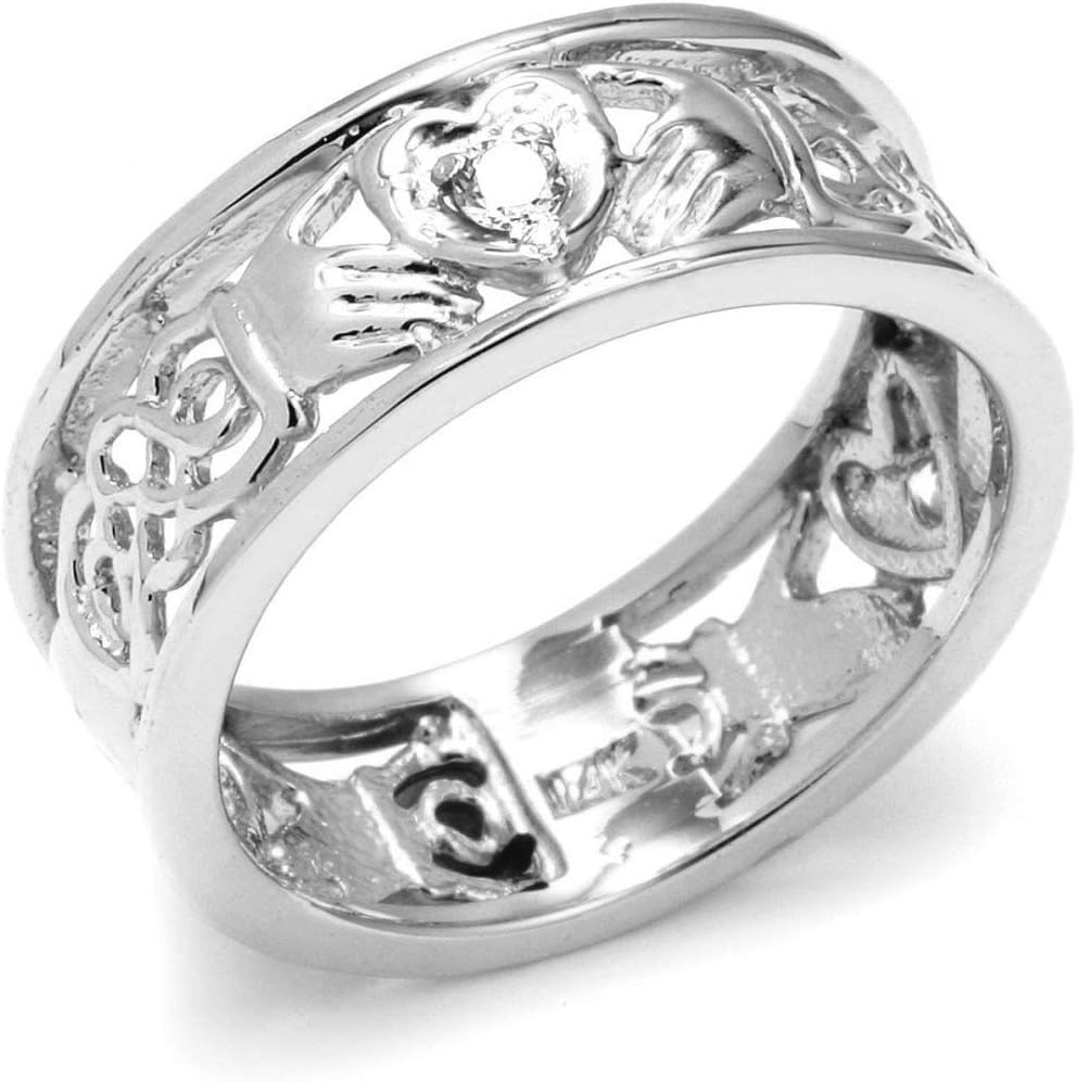 14k White Gold Diamond Claddagh Wedding Ring with Celtic Knot Band