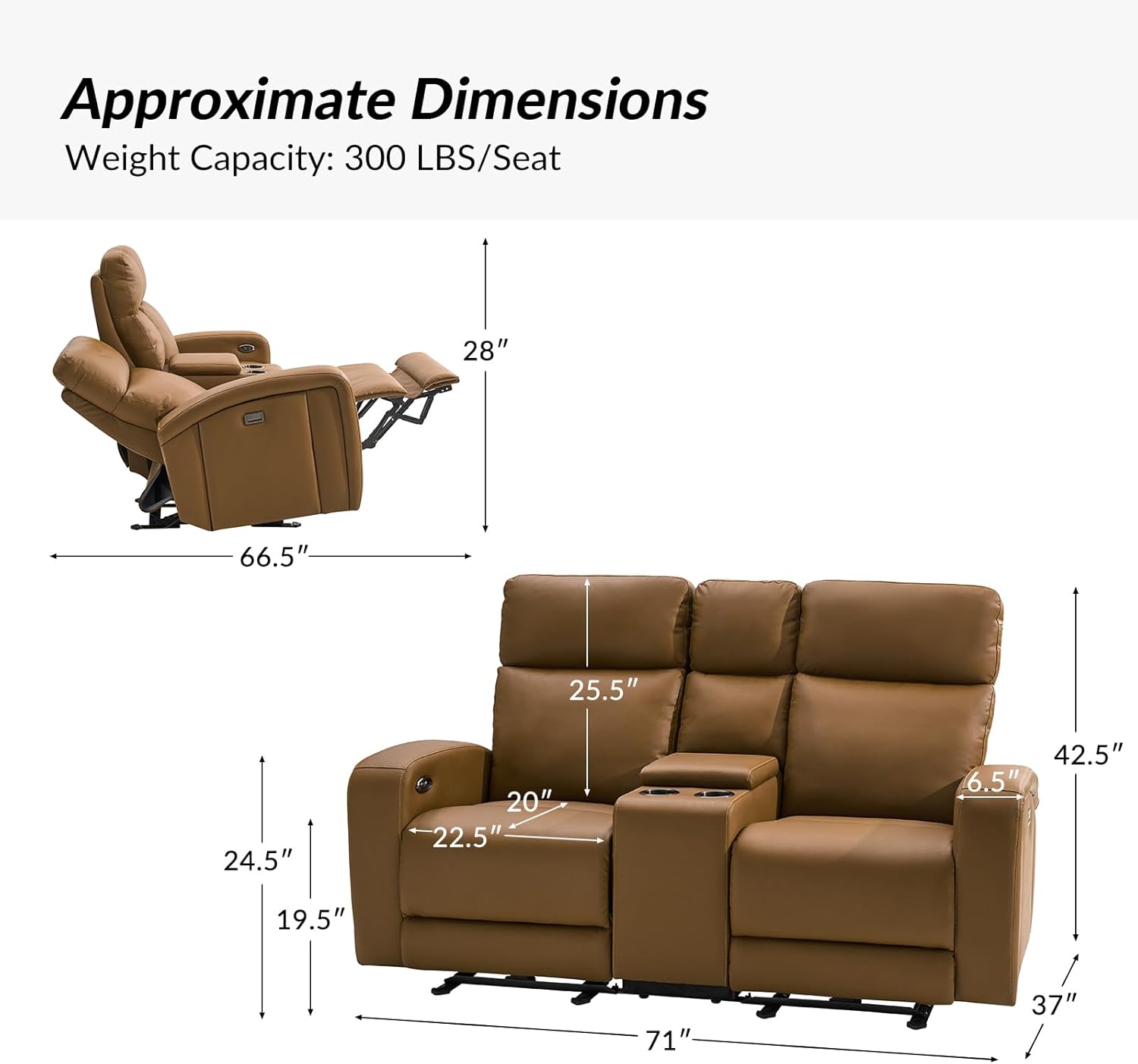 HULALA HOME Power Loveseat Recliner, Zero Wall Hugger Reclining Sofa for Living Room, RV Theater Seating with Arm Side Storage,Console, Cup Holders, USB & Type-C Port, Camel