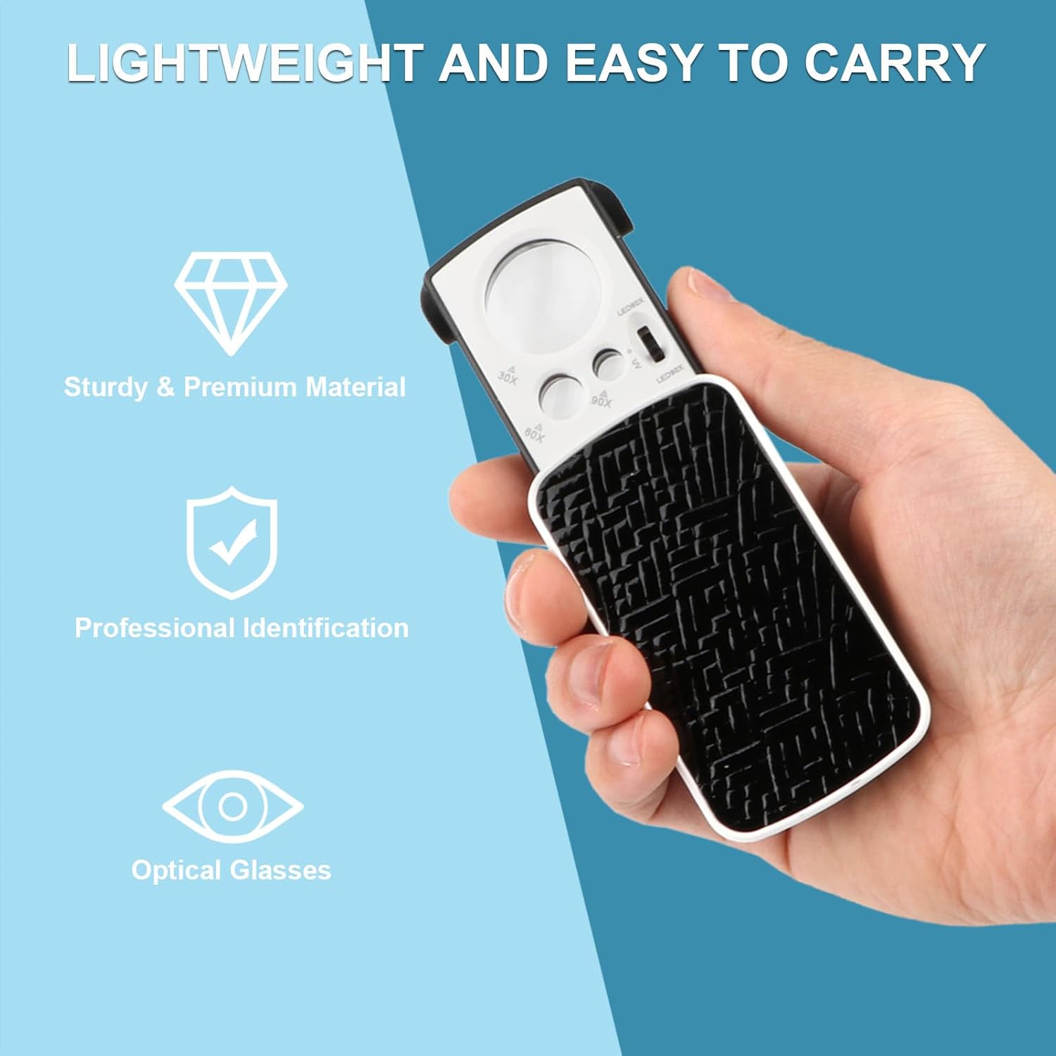 Rongon Handheld Magnifiers, Pocket Magnifying Glass with Lights, 30X 60X 90X Jewelers Loupe with Led and UV Light, Slide Out Portable Magnifying Loupe for Jewelry Diamonds Gems Stamps Rocks (Black)