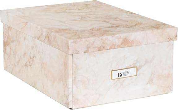 Bigso Katia Collapsible Storage Box with Lid - Decorative Photo Storage Box with Label Holder for Easy Identification - Simple Assembly without Tools - W11.3 x D15.4 x H6.4 inches - Marble Beige