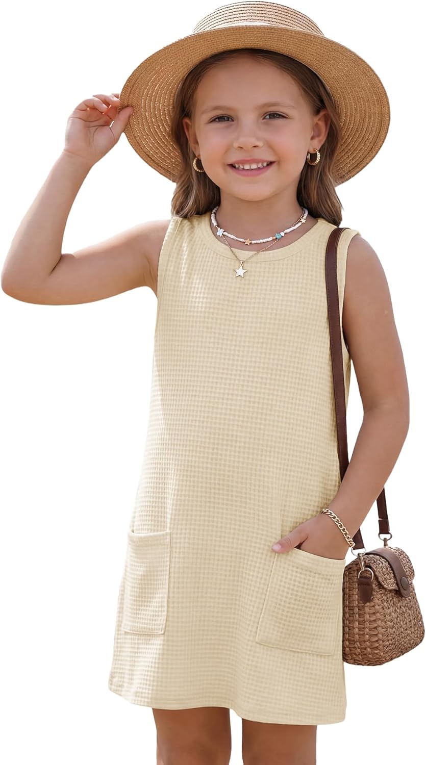 CharmWM Toddler Girls Swim Coverups Sleeveless Baby Summer Beachwear Dress with Pockets Cute Waffle Vacation Bathing Suit