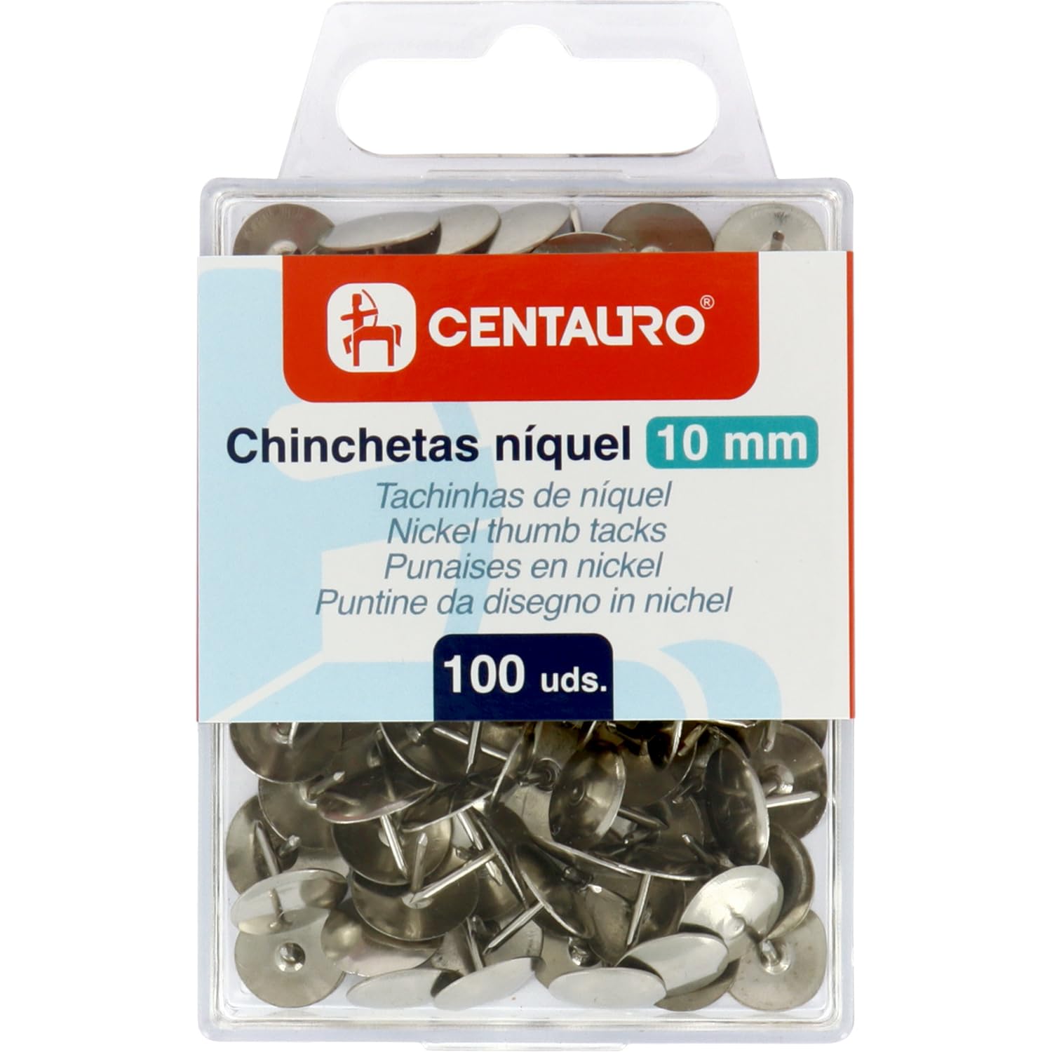 Centauro - 100 metalowych pinezek niklowanych, 10 mm, srebrne, tablice korkowe lub ścienne