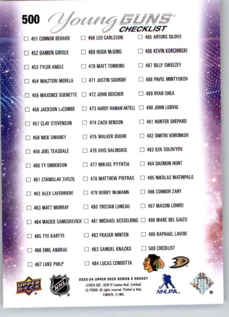 2023-24 Upper Deck Series Two #500 Connor Bedard/Leo Carlsson RC Rookie Card Chicago Blackhawks/Anaheim Ducks Young Guns Official NHL Hockey Card in Raw (NM or Better) Condition