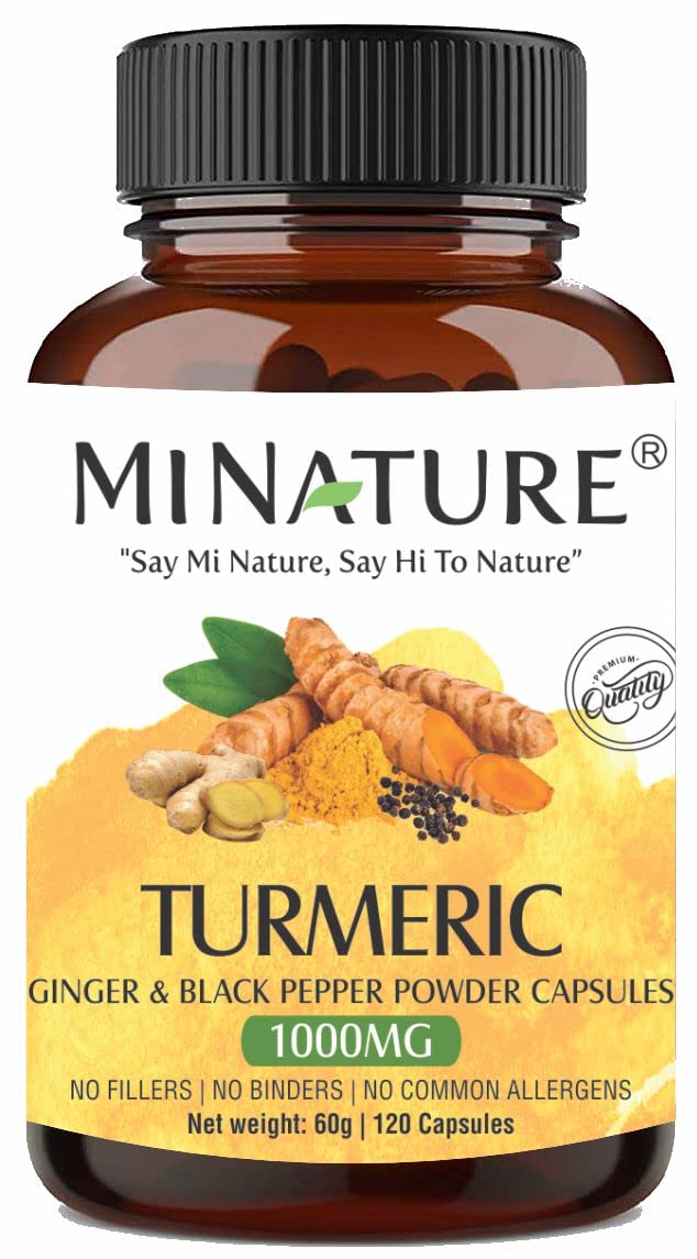 mi nature Turmeric Capsules |Curcuma with Ginger and Black Pepper |All Natural| 1000* mg, 120 Vegan * | Made in India | 2 Months Supply*