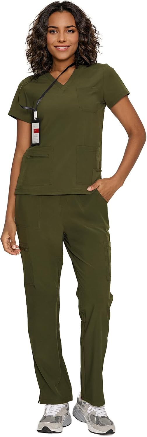 Scrubs for Women, V-Neck Scrubs Top & Cargo Pants with 12 Pockets, Yoga Waistband, 4 Way Stretch - Image 7
