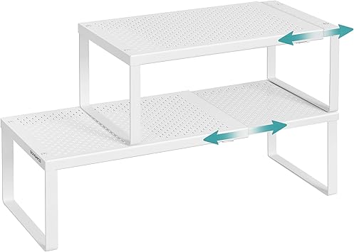 SONGMICS Spice Racks, Set of 2 Expandable Kitchen Countertop Shelves, Small Cupboard Organizers, Metal, Space-Saving Tabletop Shelves, Matte White UKCS402W01