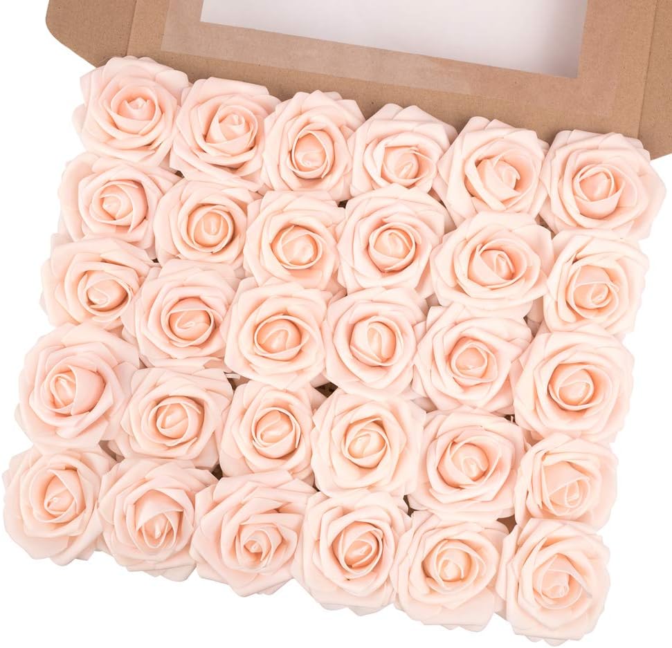 N&T NIETING Artificial Flowers Roses, 30pcs Real Touch Fake Foam Roses with Stems for Bridesmaid Bridal Bouquets, Valentine's Day, Mother's Day, Wedding Party, Baby Shower, Home Decoration, Blush