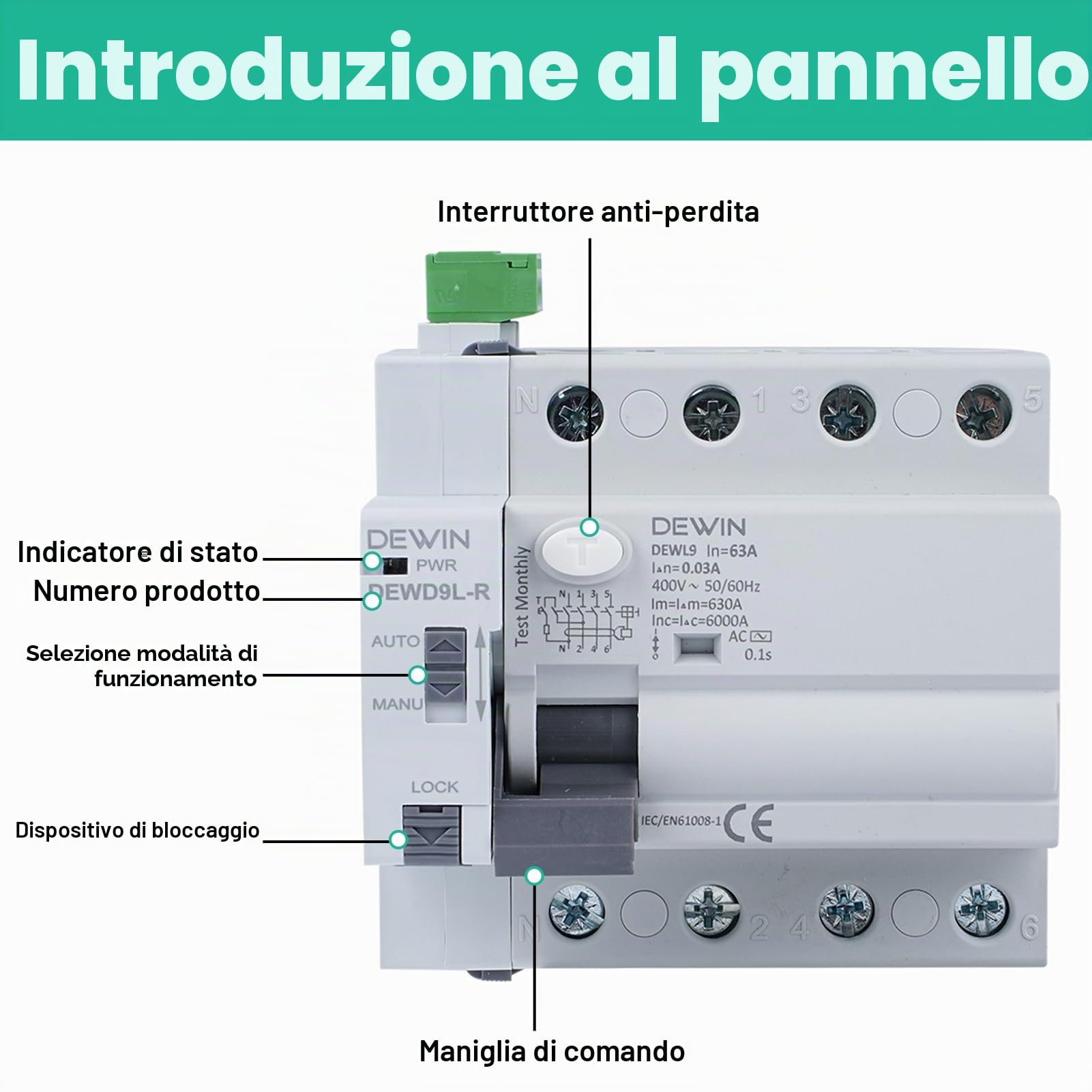 Differenziale Riarmo Automatico, 4P 63A 30ma 400V Salvavita con Riarmo Automatico RCCB Interruttore Differenziale a Riarmo Automatico Salvavita Interruttore di Protezione da Perdite
