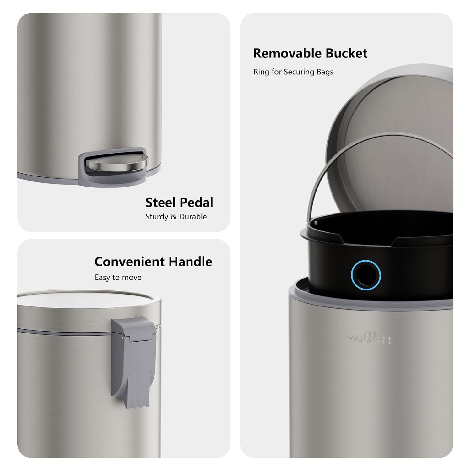 mVm Trash Can Set, 8 Gallon(30L)+1.3 Gallon(5L) Kitchen Bathroom Trash Cans Combo, Step Round Brushed Stainless Steel Garbage Can with Lid, Anti-Fingerprint,Soft-Close,for Home Office(Silver)