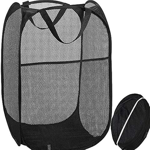 Qtopun 【Upgraded】 Mesh Popup Laundry Hamper with Side Pocket, Large Size Foldable Laundry Basket Portable Dirty Clothes Basket Collapsible Hamper for Home and Travel-Black Cover