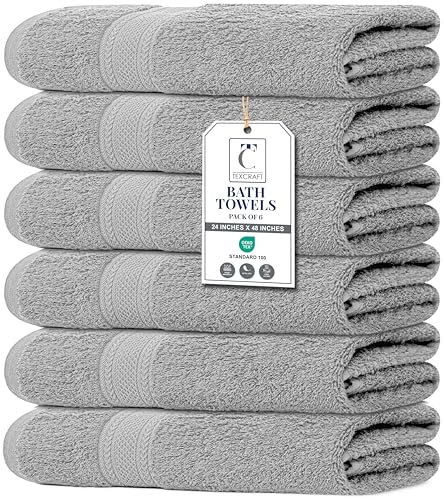 TEXCRAFT Medium Size Bath Towels Set of 6 100% Cotton Terry 24 x 48 Quick Dry Soft & Highly Absorbent Light Grey Towels for Bathroom Gym Spa Pool & Daily Use